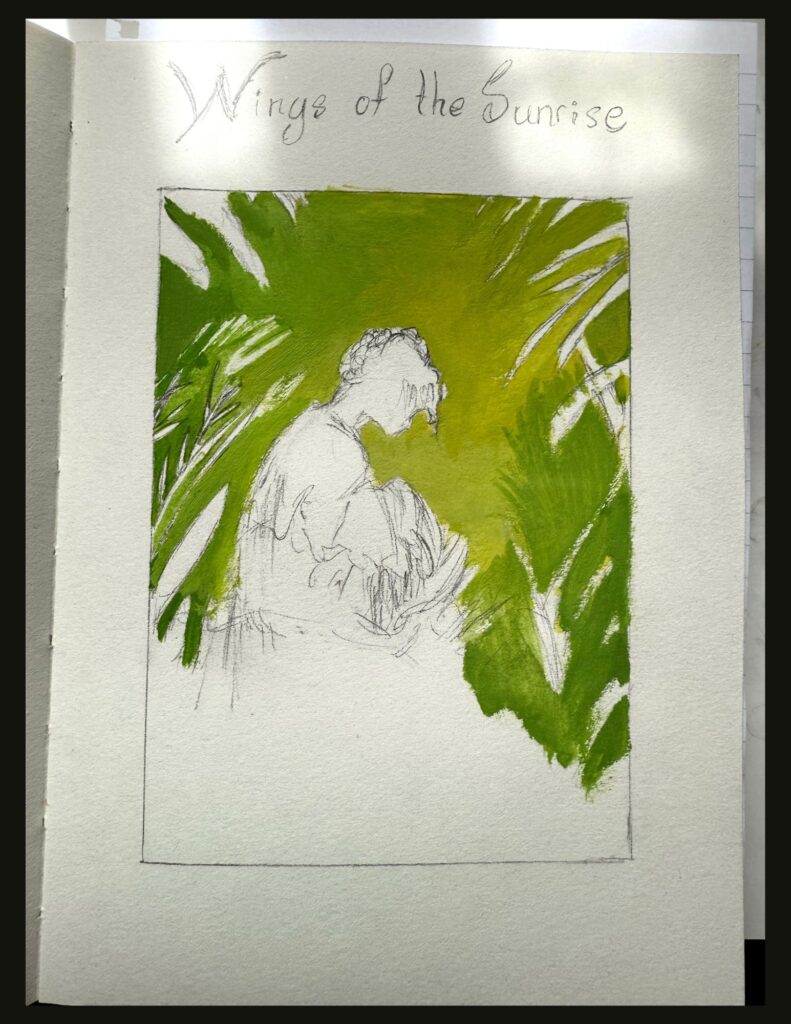 A sketched art frame that is partially watercolored