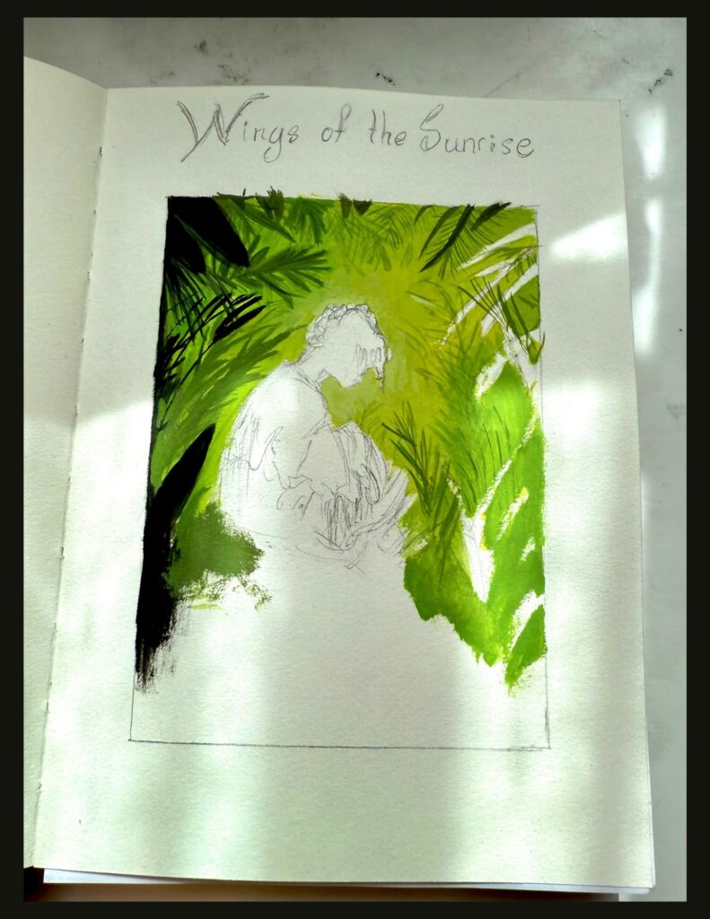 A sketched art frame that is partially watercolored