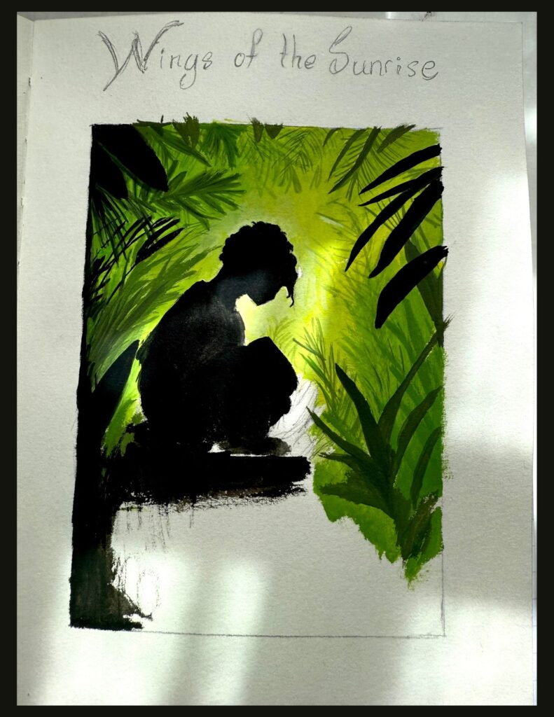 A nearly completed watercolor art painting of a boy in a jungle