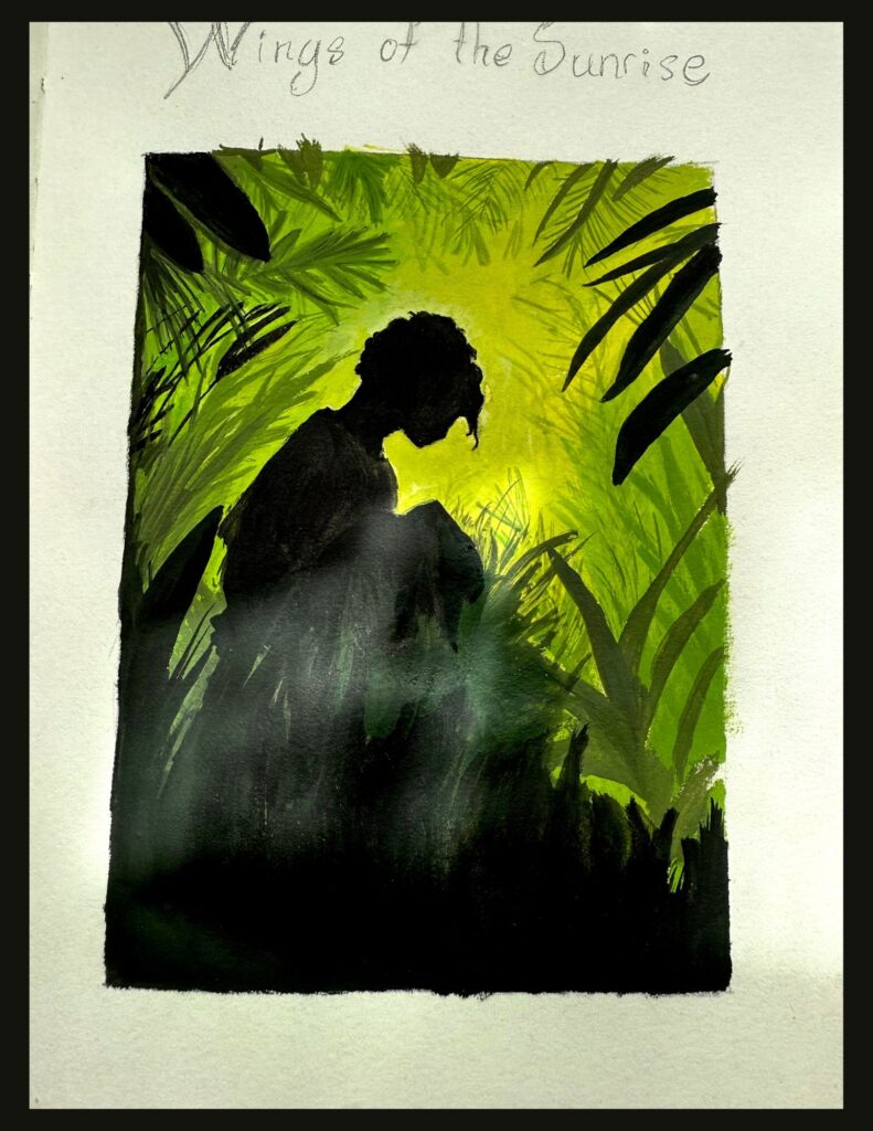 A watercolor art painting of the silhouette of a boy and leaves in a jungle